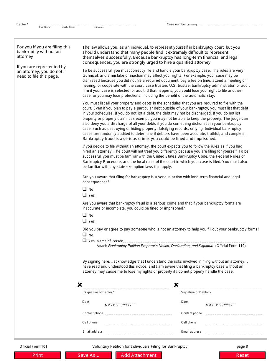 Official Form 101 Voluntary Petition for Individuals Filing for Bankruptcy, Page 8