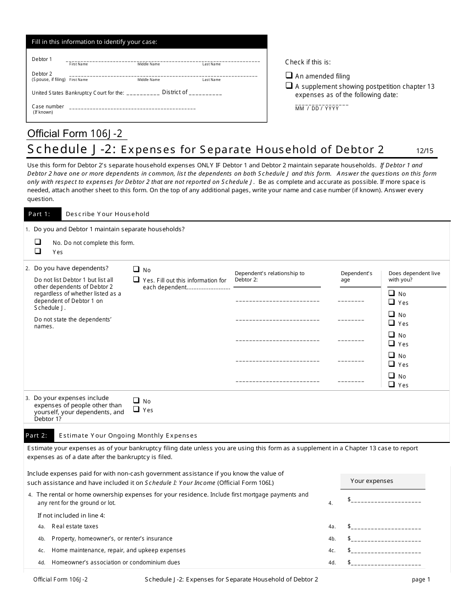 Official Form 106J-2 Schedule J-2 Expenses for Separate Household of Debtor 2, Page 1