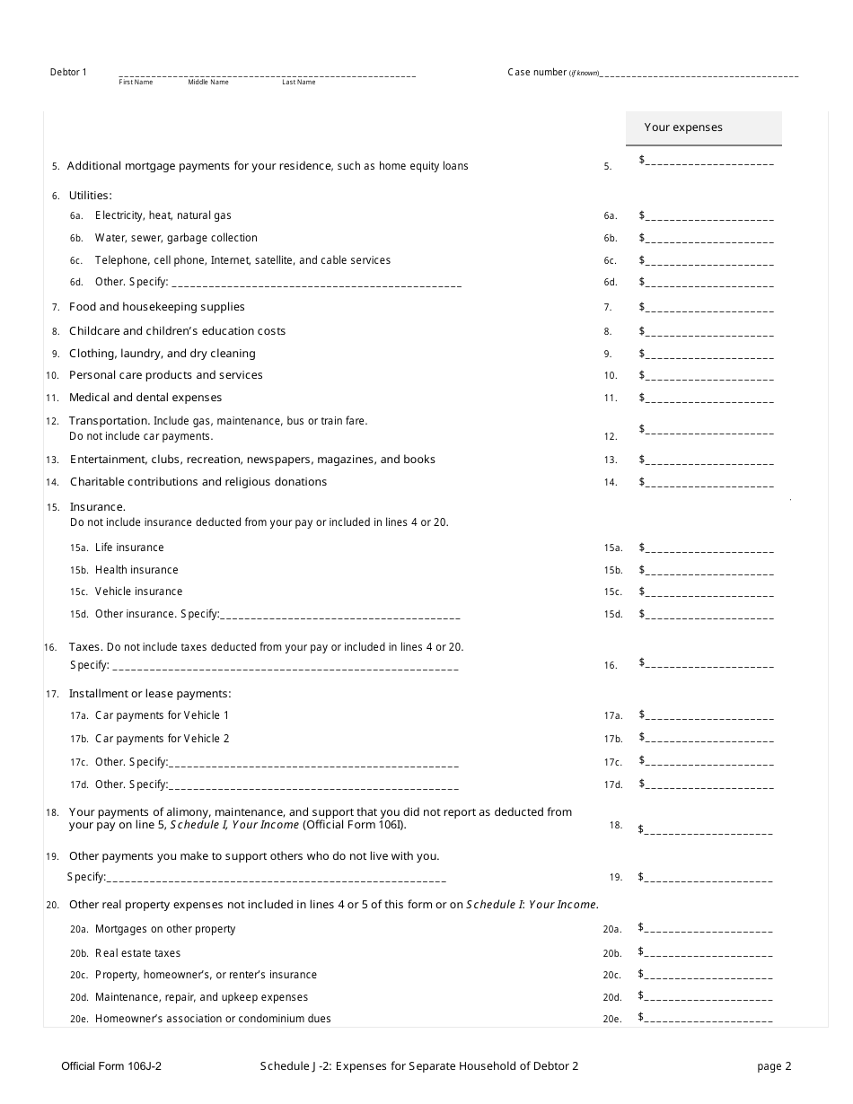Official Form 106J-2 Schedule J-2 Expenses for Separate Household of Debtor 2, Page 2