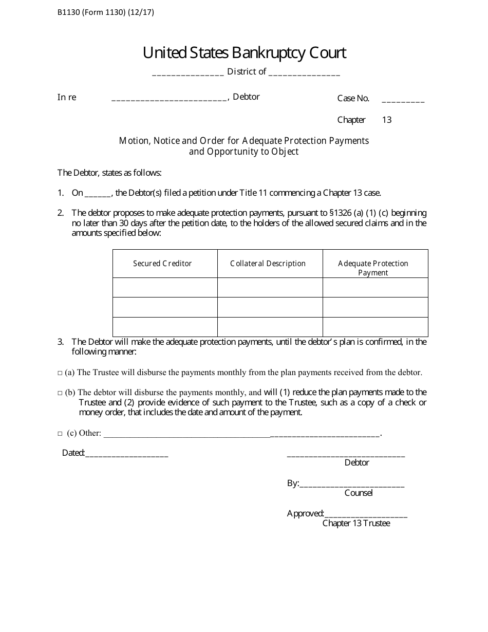 Form B1130 Motion, Notice and Order for Adequate Protection Payments and Opportunity to Object, Page 1