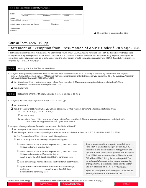 Official Form 122A-1SUPP Statement of Exemption From Presumption of Abuse Under 707(B)(2)