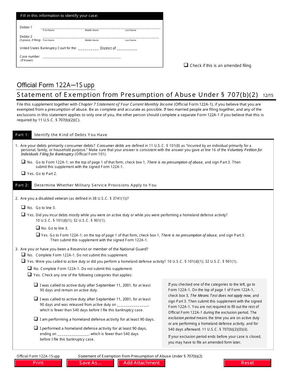 Official Form 122A-1SUPP Statement of Exemption From Presumption of Abuse Under 707(B)(2), Page 1