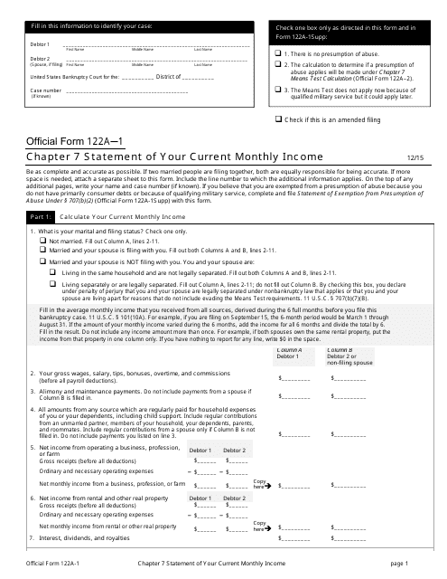 Official Form 122A-1  Printable Pdf