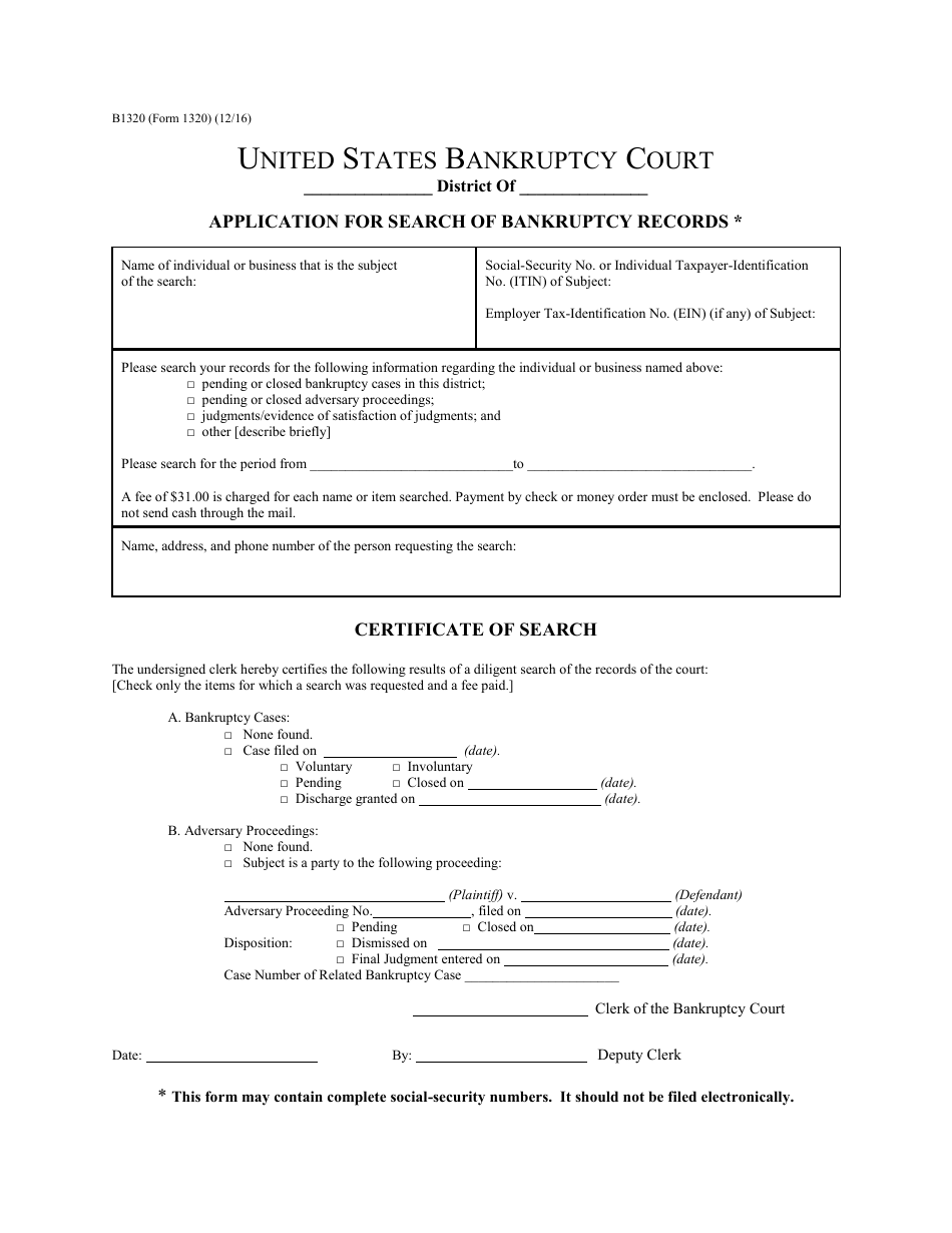 Form B1320 Application for Search of Bankruptcy Records, Page 1