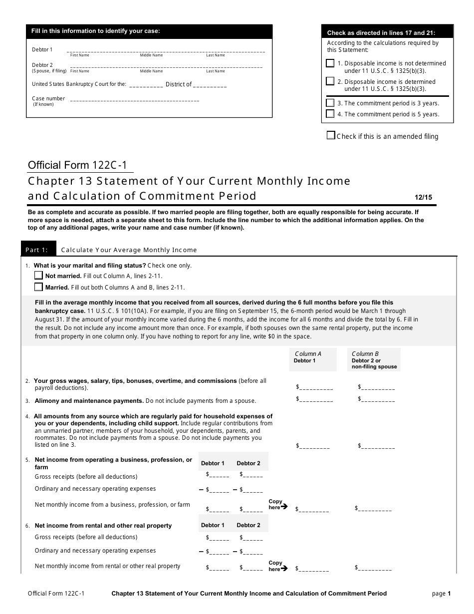 Official Form 122C-1 Chapter 13 Statement of Your Current Monthly Income and Calculation of Commitment Period, Page 1