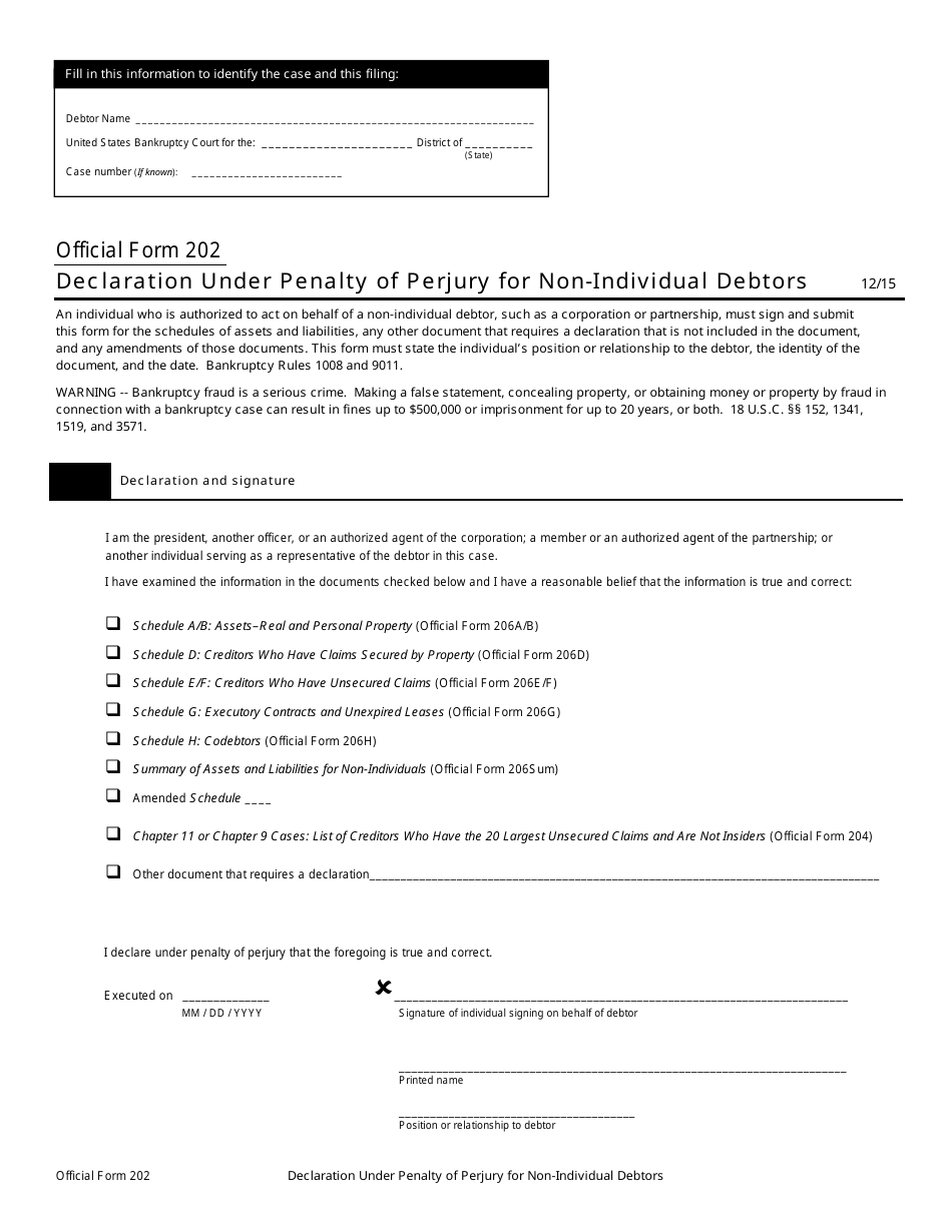 Official Form 202 Declaration Under Penalty of Perjury for Non-individual Debtors, Page 1
