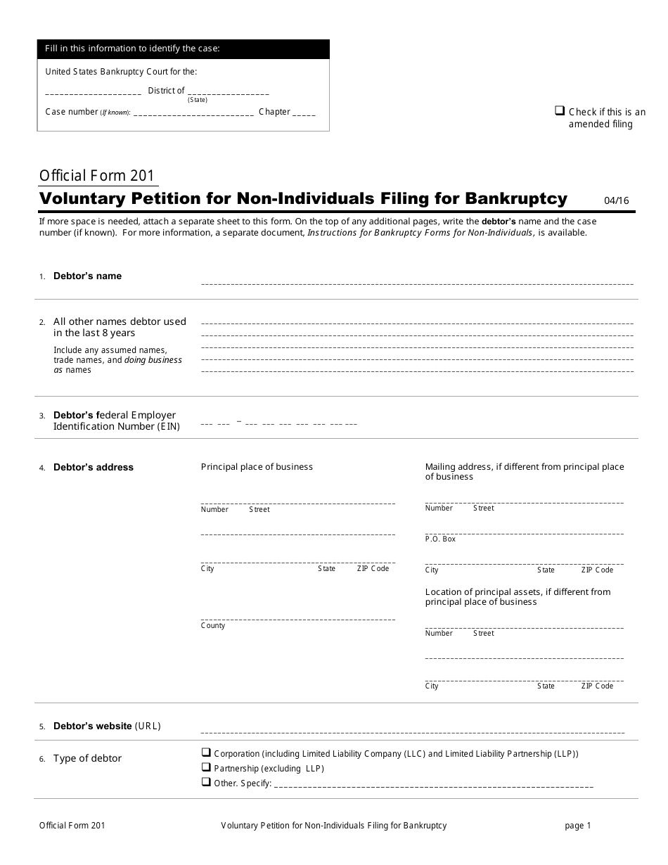 Official Form 201 Voluntary Petition for Non-individuals Filing for Bankruptcy, Page 1
