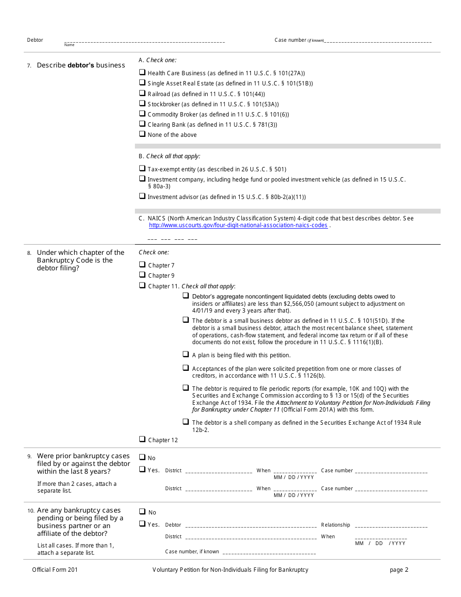 Official Form 201 Voluntary Petition for Non-individuals Filing for Bankruptcy, Page 2