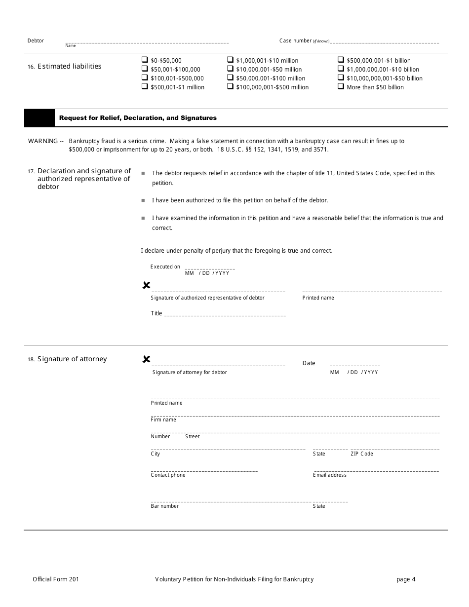 Official Form 201 Voluntary Petition for Non-individuals Filing for Bankruptcy, Page 4