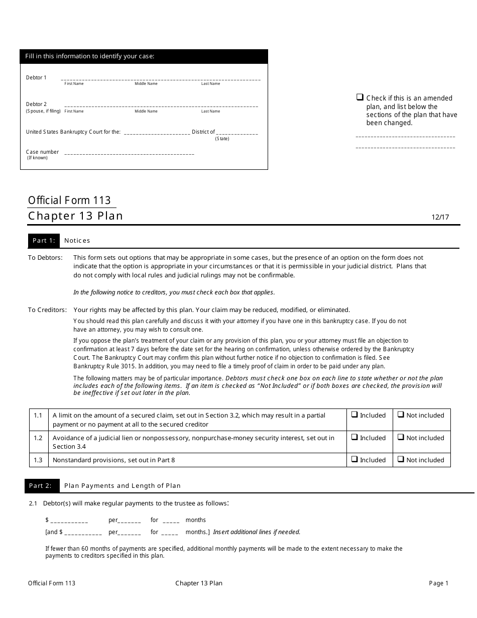 Official Form 113 Chapter 13 Plan, Page 1