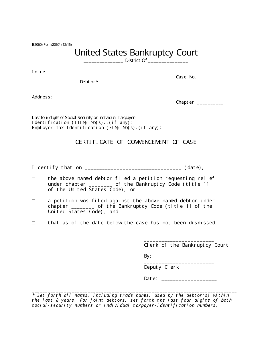 Form B2060 Certificate of Commencement of Case, Page 1