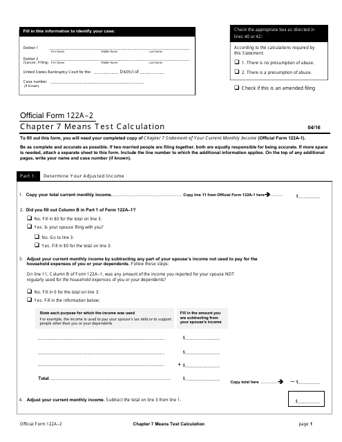 Official Form 122A-2  Printable Pdf