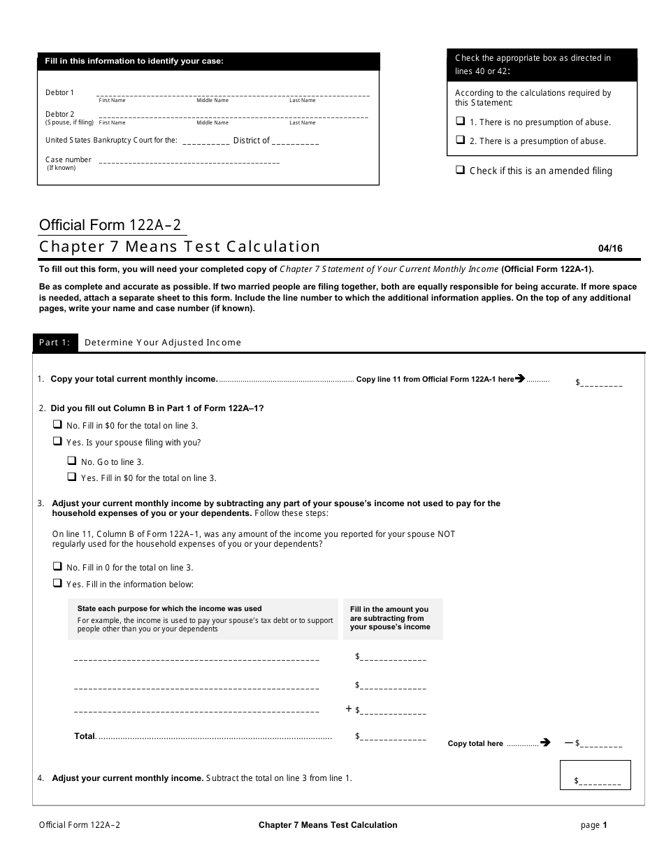 Official Form 122A-2 Chapter 7 Means Test Calculation, Page 1