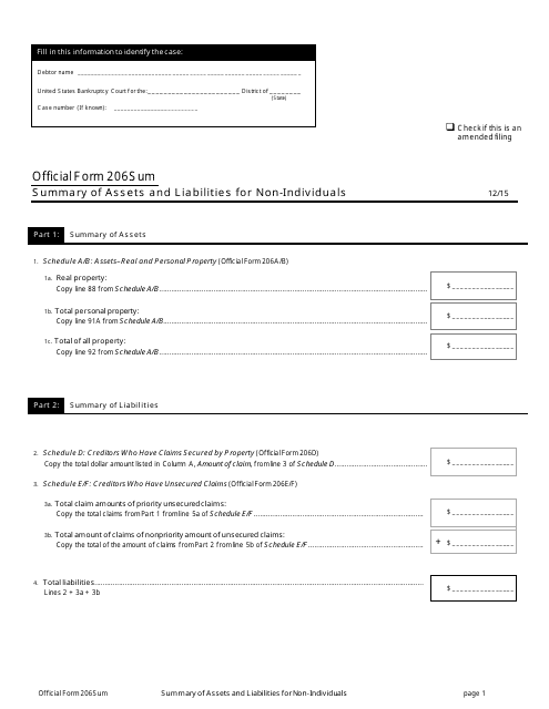 Official Form 206SUM Summary of Assets and Liabilities for Non-individuals