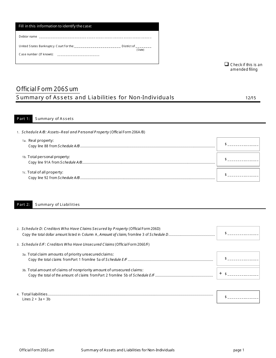 Official Form 206sum Download Printable Pdf Or Fill Online Summary Of Assets And Liabilities For Non Individuals Templateroller