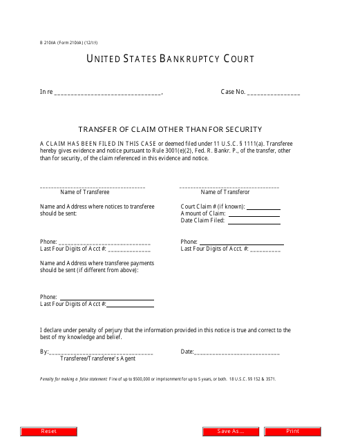 Form B2100A Transfer of Claim Other Than for Security