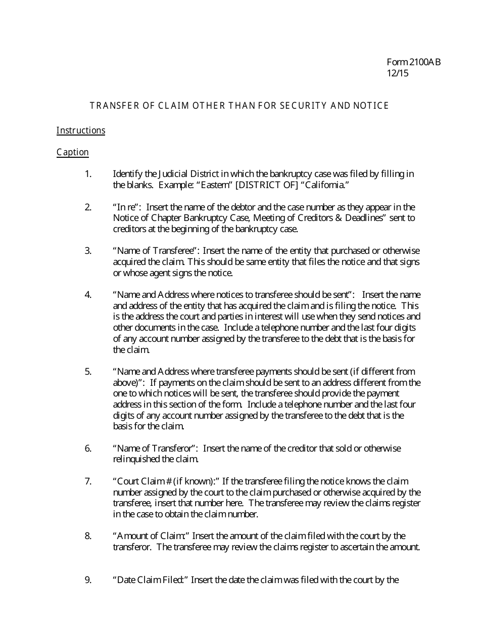 Instructions for Form 2100AB Transfer of Claim Other Than for Security and Notice, Page 1