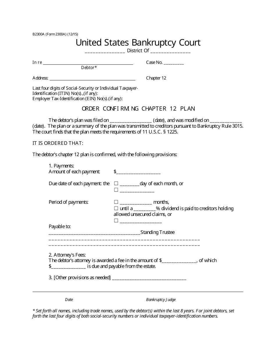 Form B2300A Order Confirming Chapter 12 Plan, Page 1