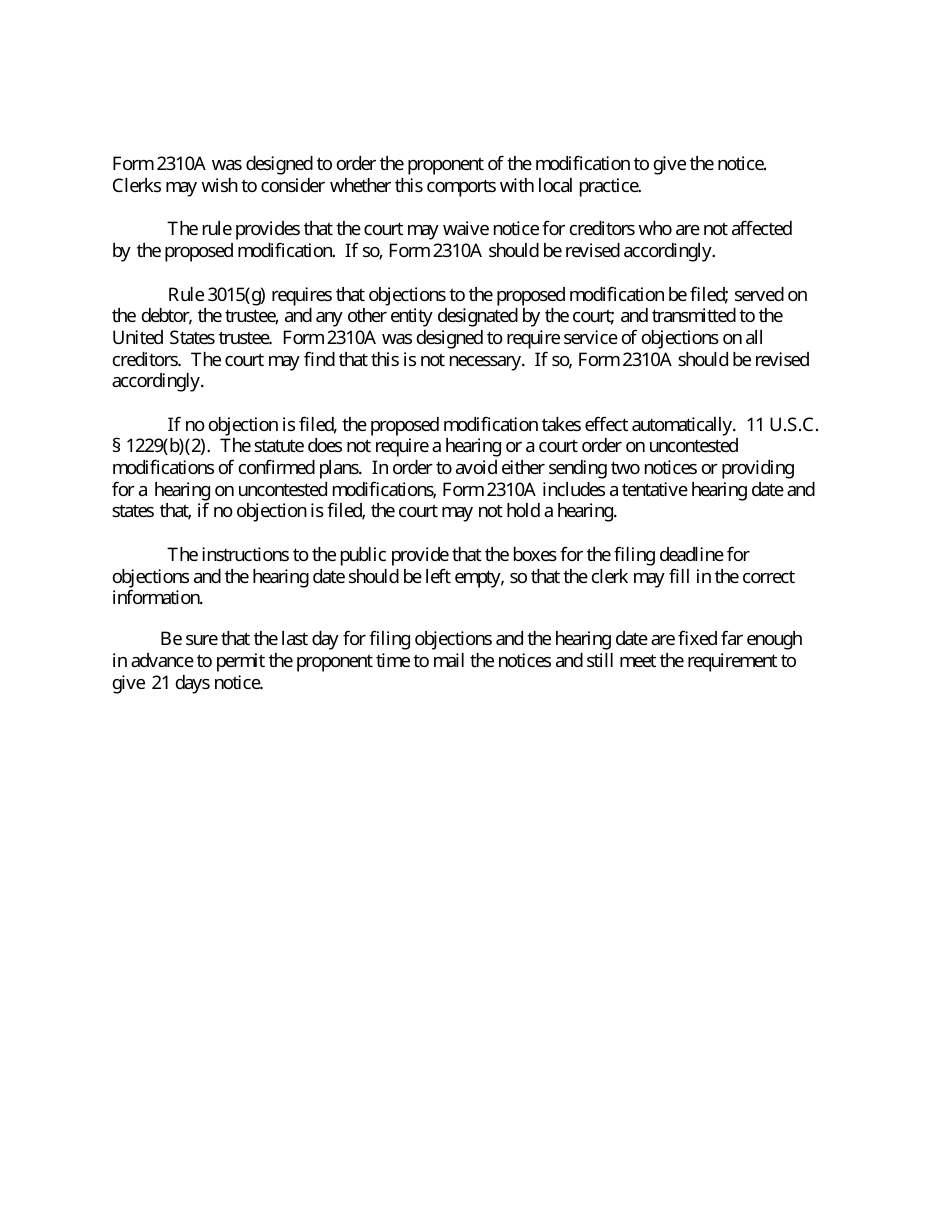 Instructions for Form B2310A Order Fixing Time to Object to Proposed Modification of Confirmed Chapter 12 Plan, Page 2