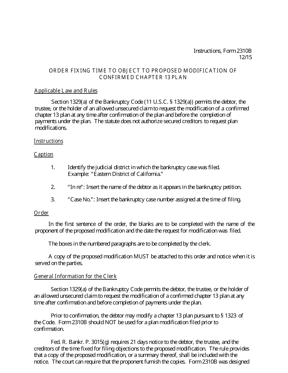 Instructions for Form B2310B Order Fixing Time to Object to Proposed Modification of Confirmed Chapter 13 Plan, Page 1