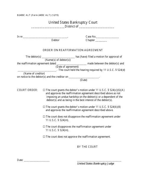 Form B2400C ALT Order on Reaffirmation Agreement