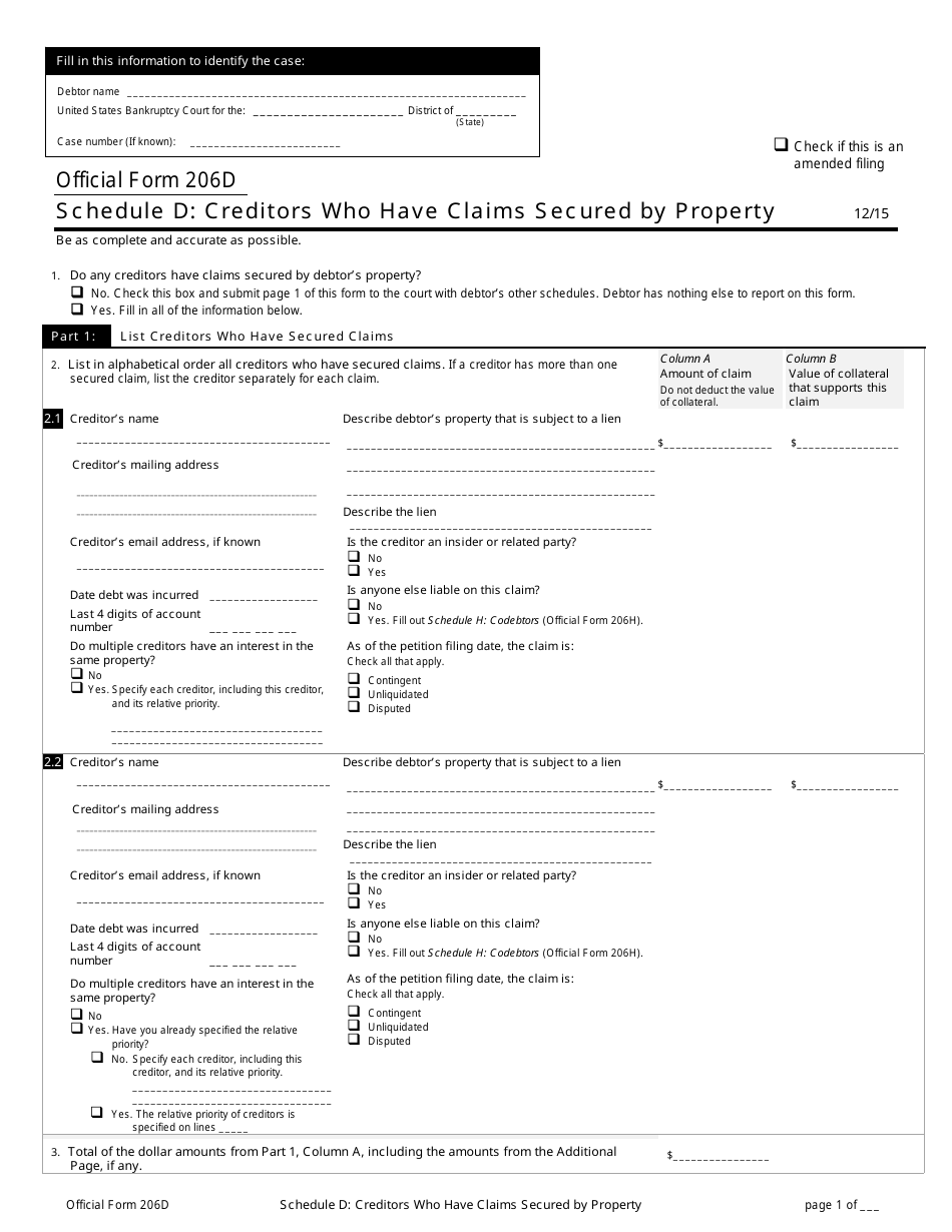 Official Form 206D Schedule D Creditors Who Have Claims Secured by Property, Page 1