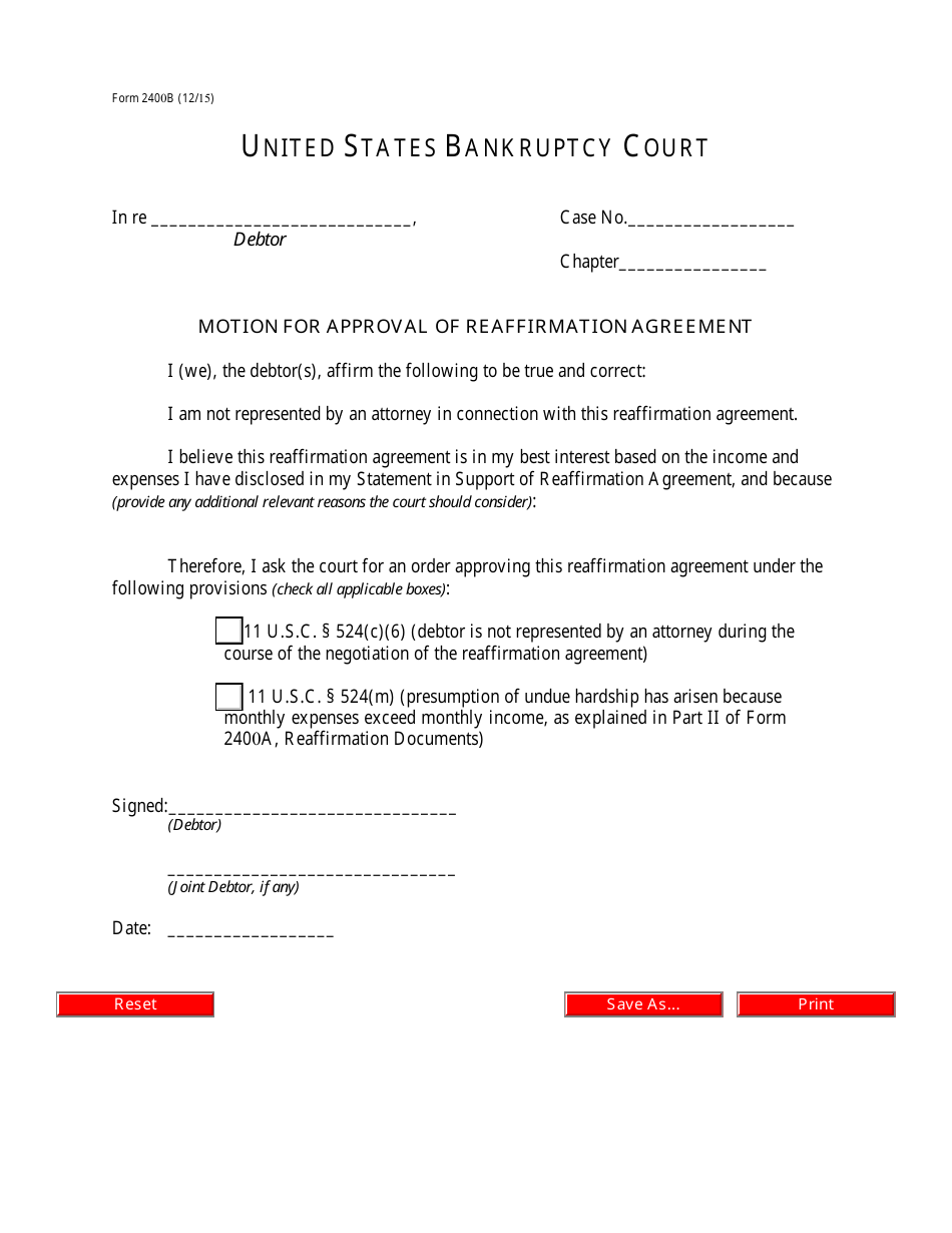 Form 2400B Motion for Approval of Reaffirmation Agreement, Page 1