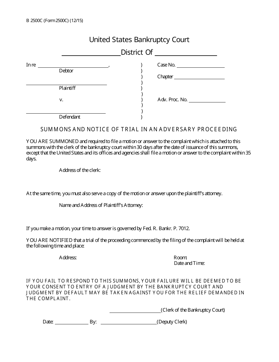 Form B2500C Summons and Notice of Trial in an Adversary Proceeding, Page 1