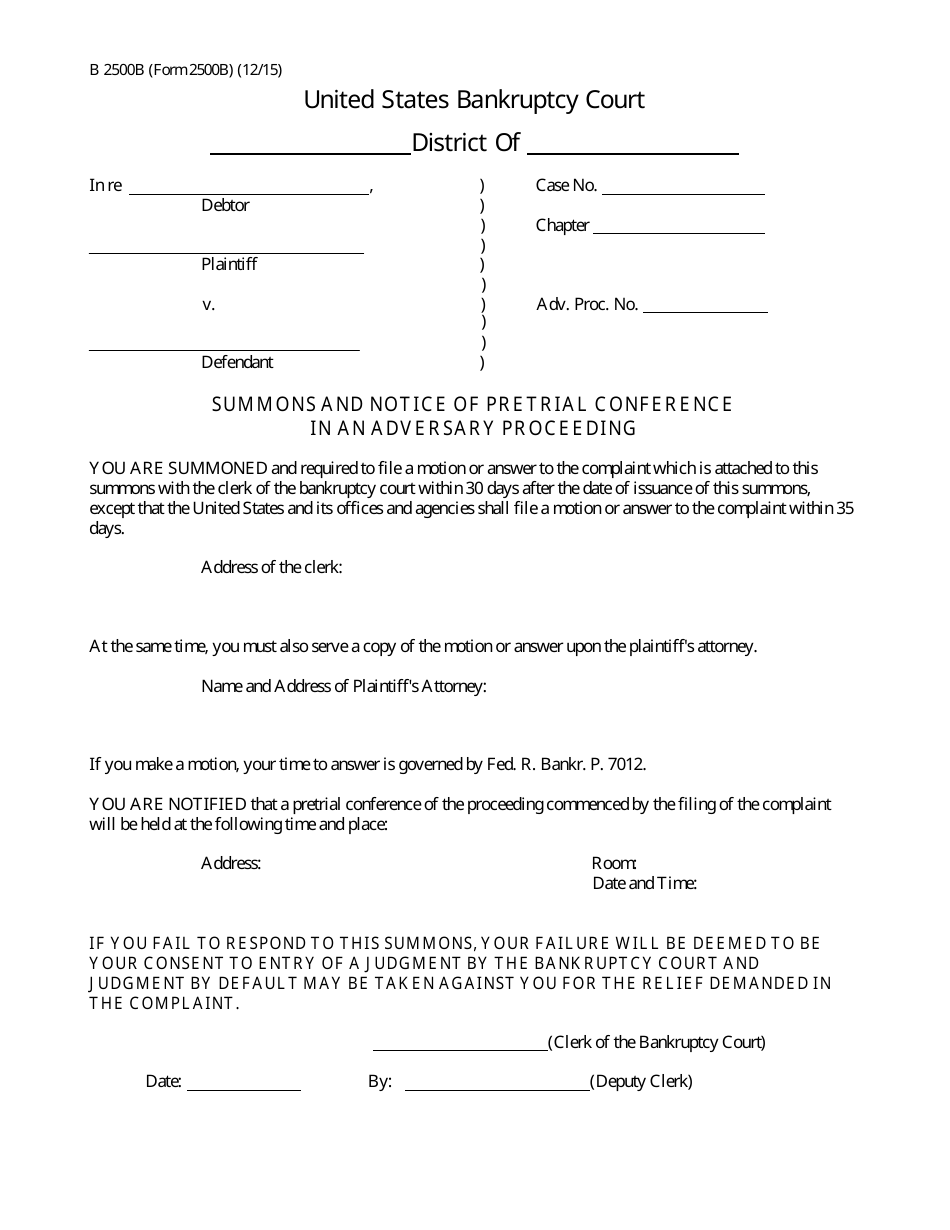 Form B2500B Summons and Notice of Pretrial Conference in an Adversary Proceeding, Page 1