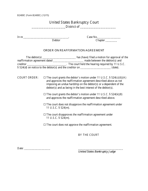 Form B2400C Order on Reaffirmation Agreement
