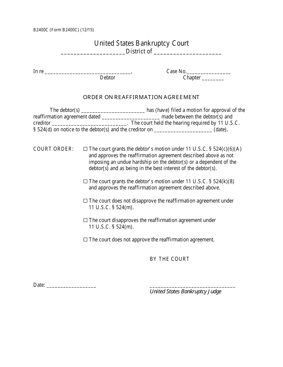 Form B2400C Order on Reaffirmation Agreement, Page 1