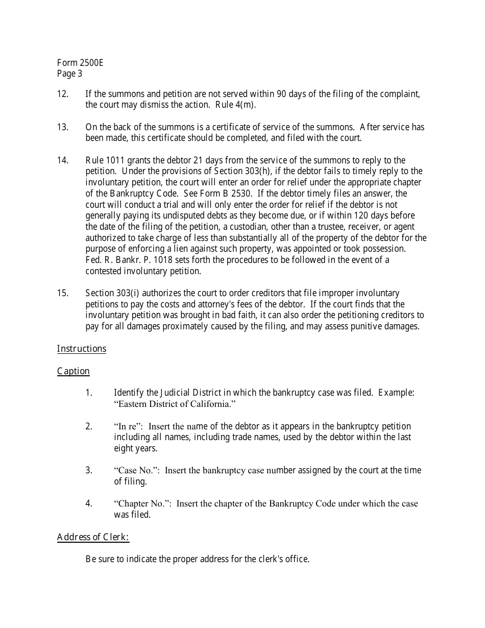 Instructions for Form B2500E Summons to Debtor in Involuntary Case, Page 3