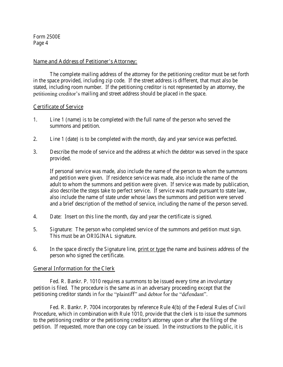 Instructions for Form B2500E Summons to Debtor in Involuntary Case, Page 4