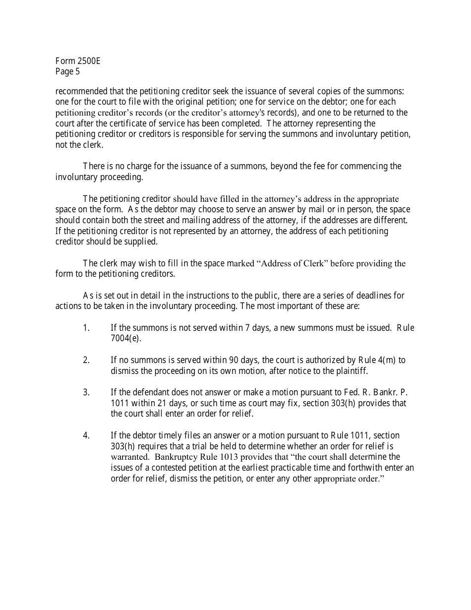 Instructions for Form B2500E Summons to Debtor in Involuntary Case, Page 5