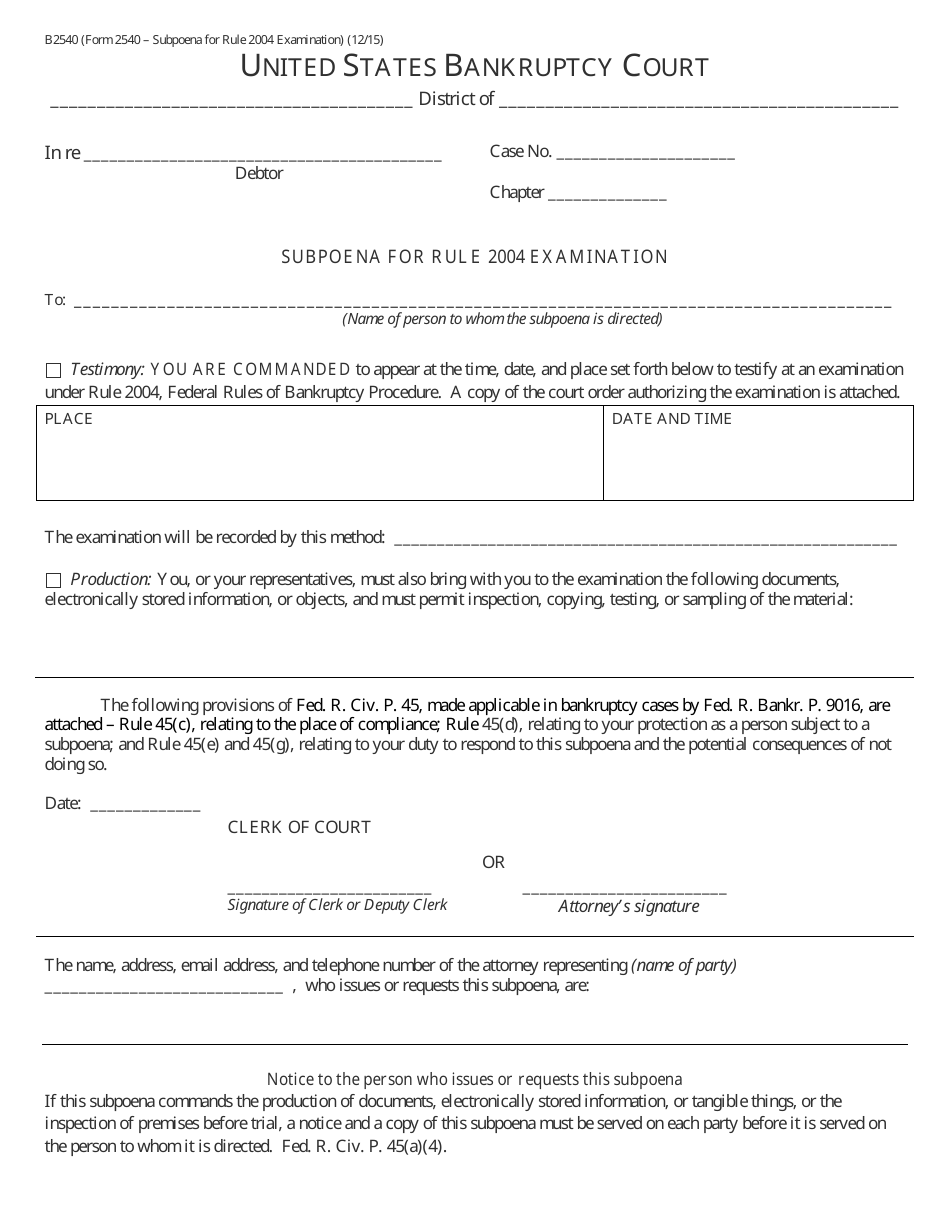 Form B2540 Subpoena for Rule 2004 Examination, Page 1