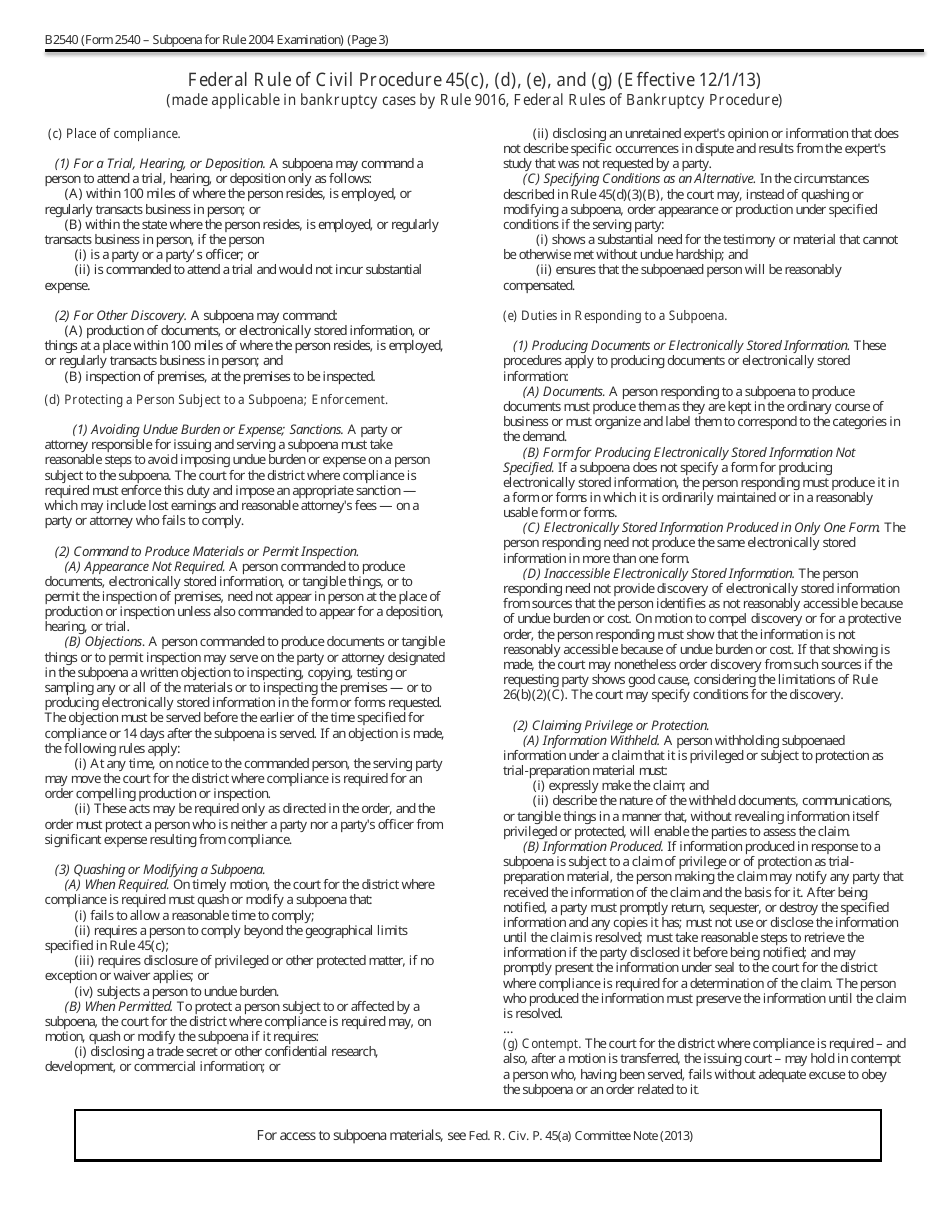 Form B2540 Subpoena for Rule 2004 Examination, Page 3