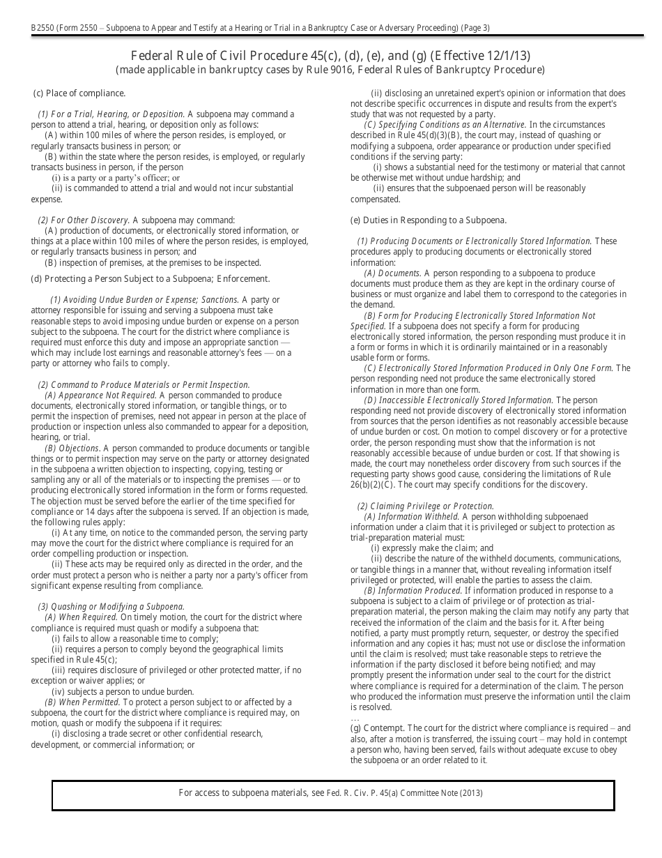 Form B2550 Subpoena to Appear and Testify at a Hearing or Trial in a Bankruptcy Case (Or Adversary Proceeding), Page 3