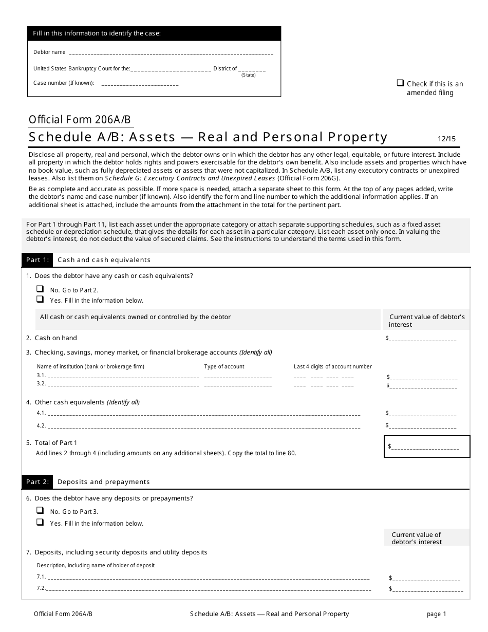 Official Form 206A / B Schedule A / B Assets - Real and Personal Property, Page 1