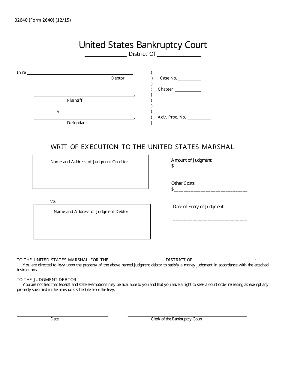Form B2640 Writ of Execution to the United States Marshal, Page 1