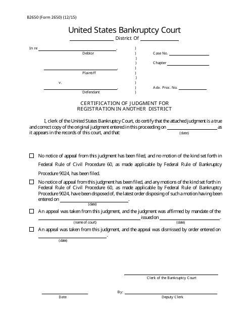 Form B2650 Certification of Judgment for Registration in Another District