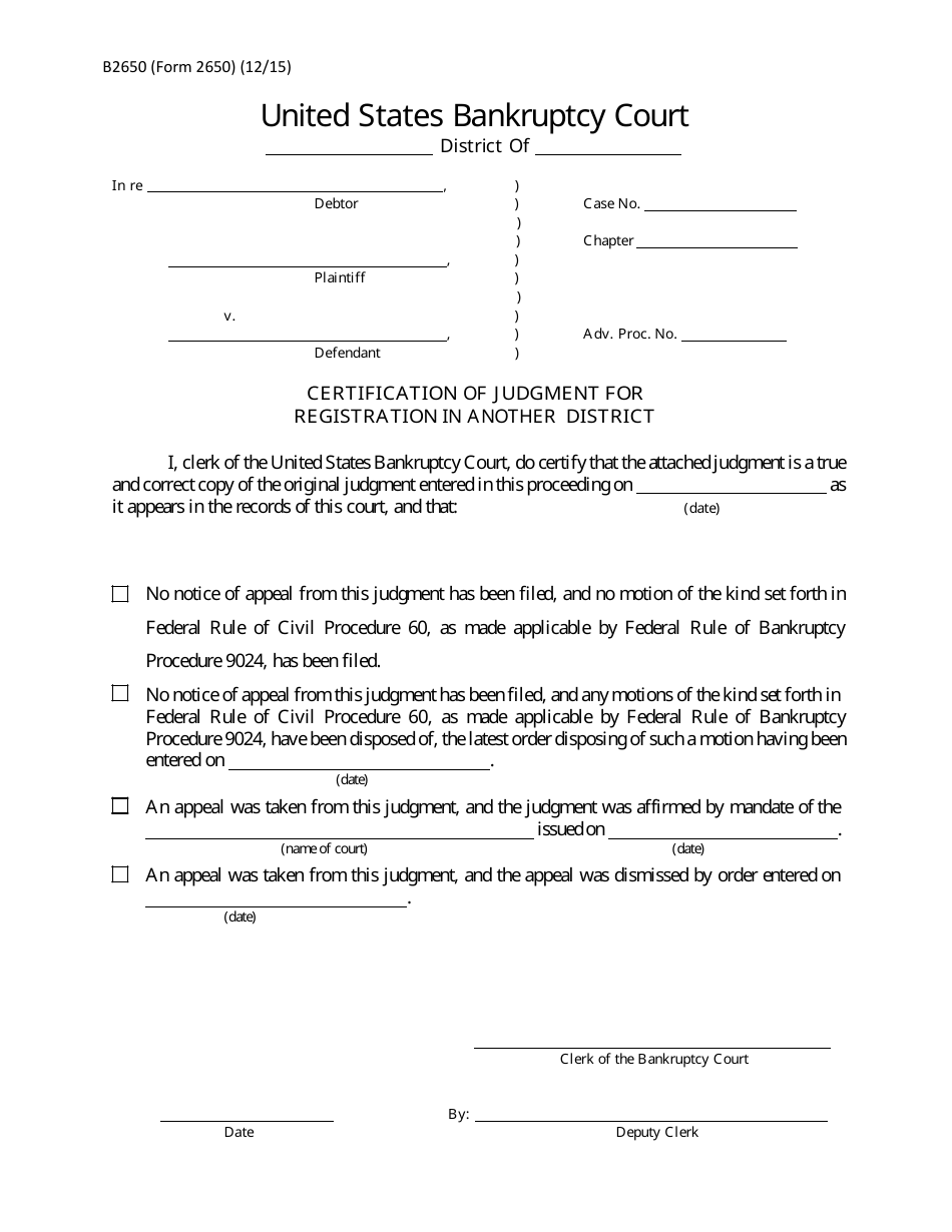 Form B2650 Certification of Judgment for Registration in Another District, Page 1