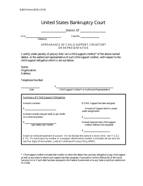 Form B2810 Appearance of Child Support Creditor or Representative