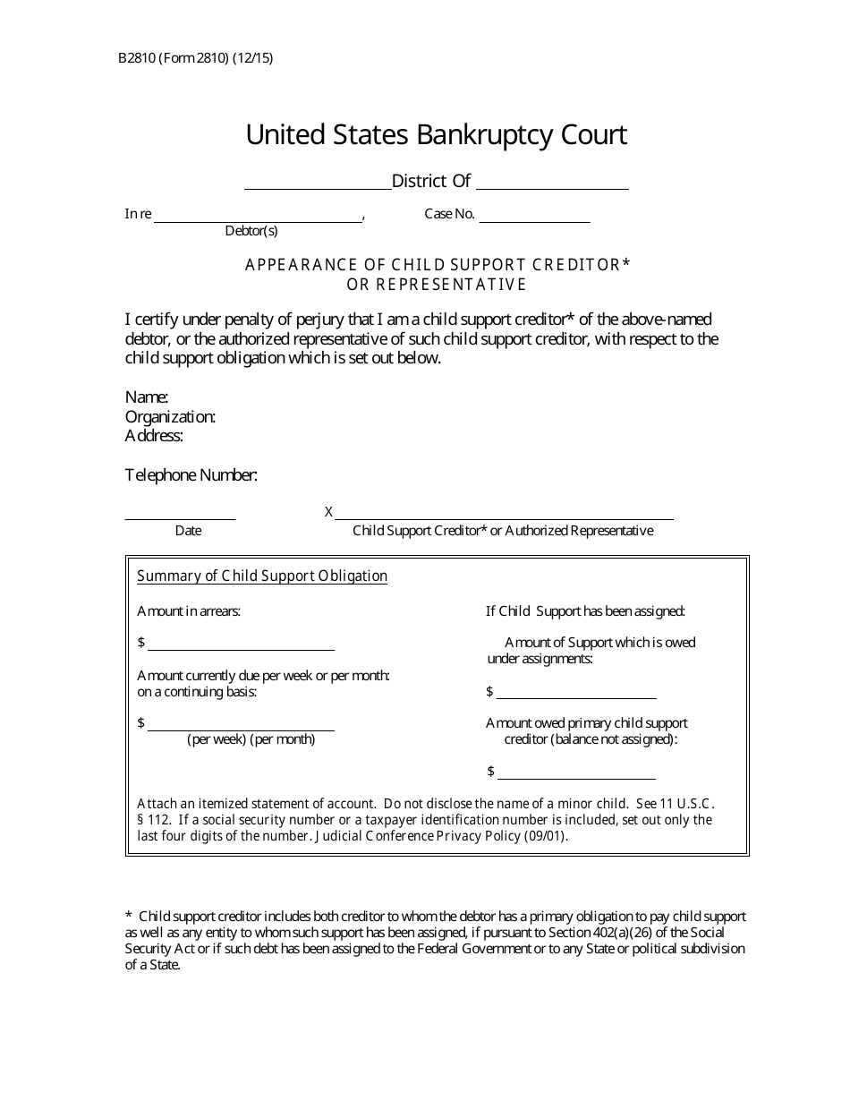 Form B2810 Appearance of Child Support Creditor or Representative, Page 1