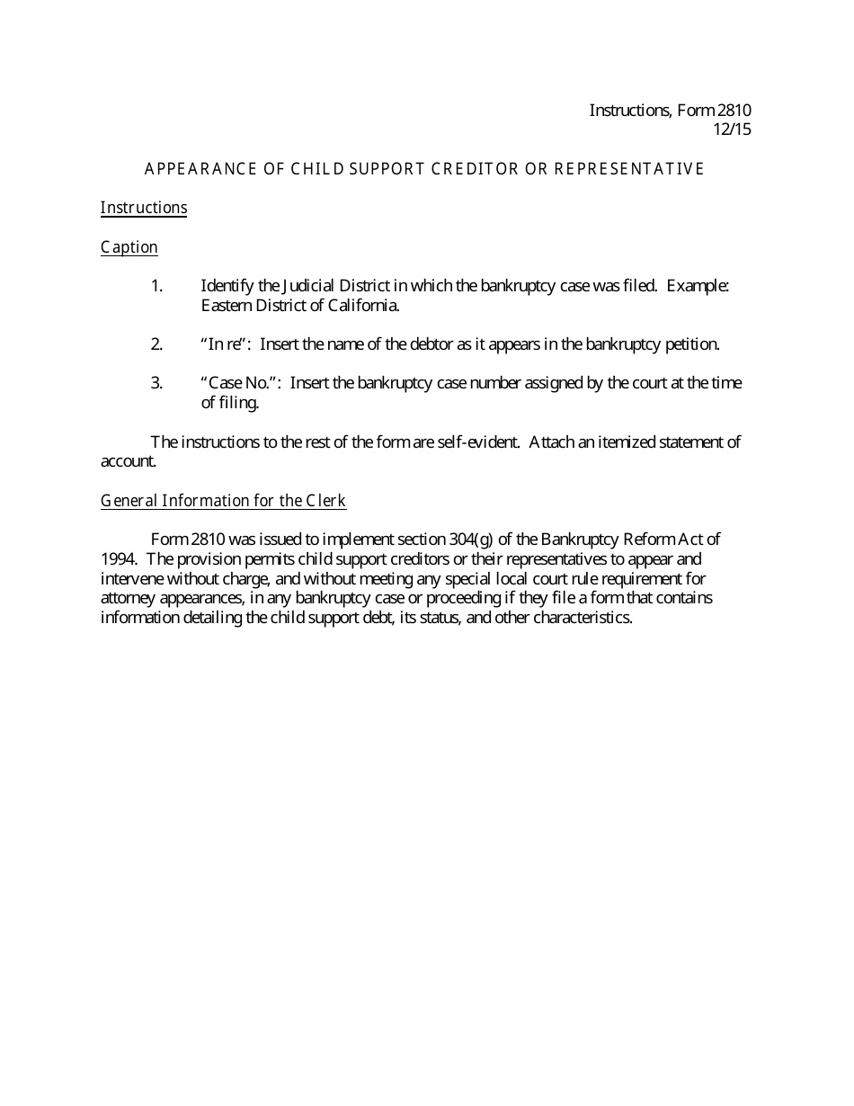 Instructions for Form B2810 Appearance of Child Support Creditor or Representative, Page 1