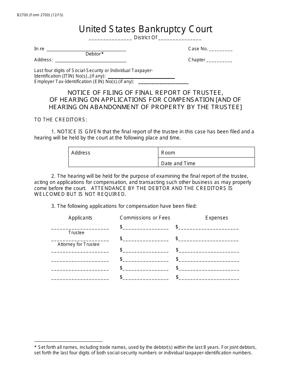 Form B2700 Notice of Filing of Final Report of Trustee, Page 1