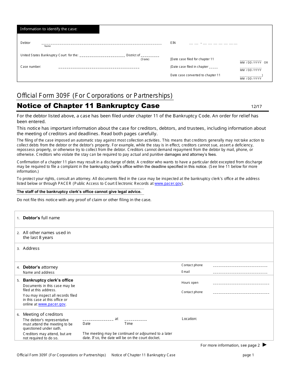 Form 309F Notice of Chapter 11 Bankruptcy Case, Page 1