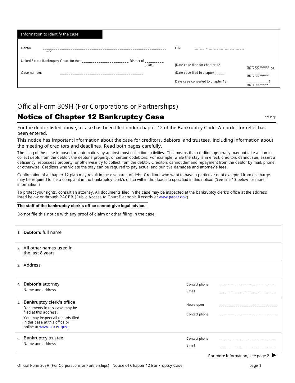 Official Form 309H Notice of Chapter 12 Bankruptcy Case, Page 1