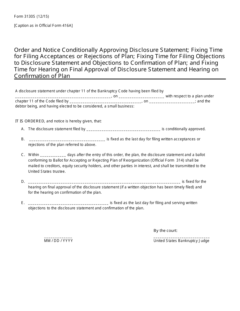 Form B3130S Order Conditionally Approving Disclosure Statement, Page 1