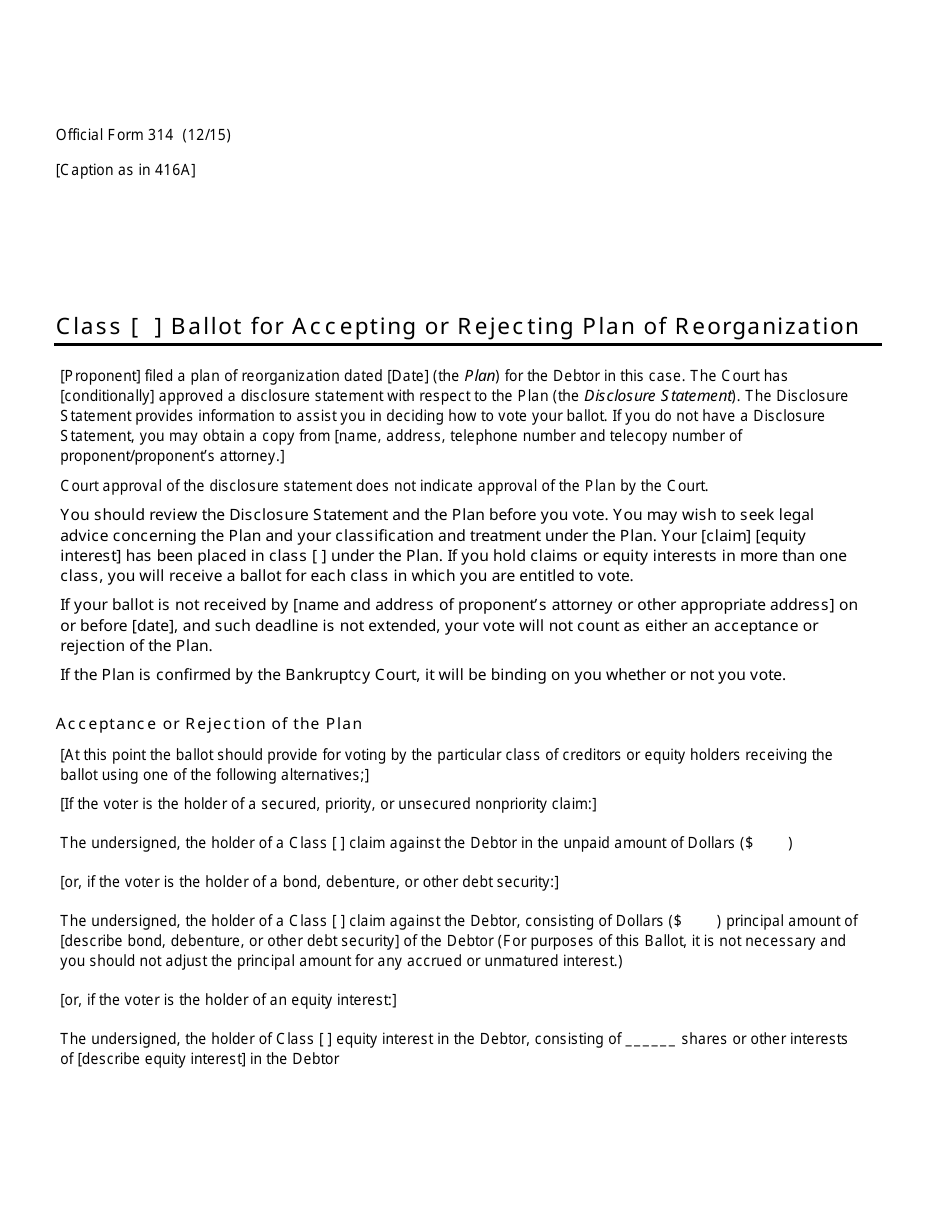 Official Form 314 Ballot for Accepting or Rejecting Plan of Reorganization, Page 1