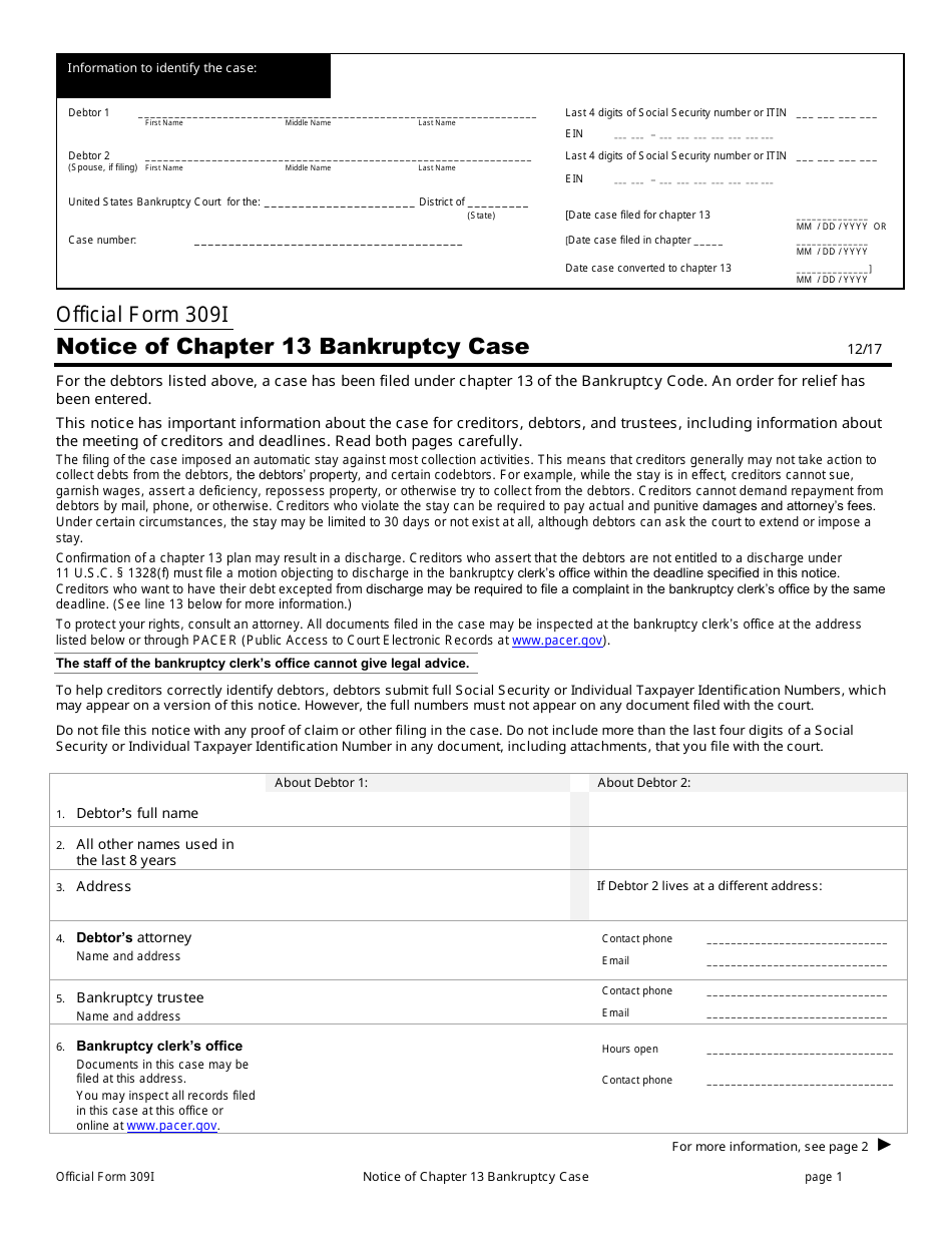 Official Form 309I Notice of Chapter 13 Bankruptcy Case, Page 1